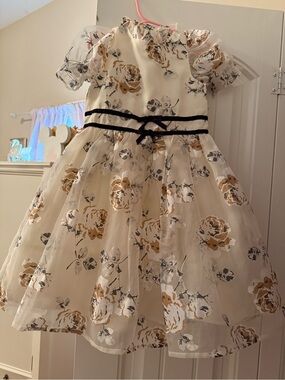 Janie and Jack Cream Floral Organza Dress with Black Ribbon